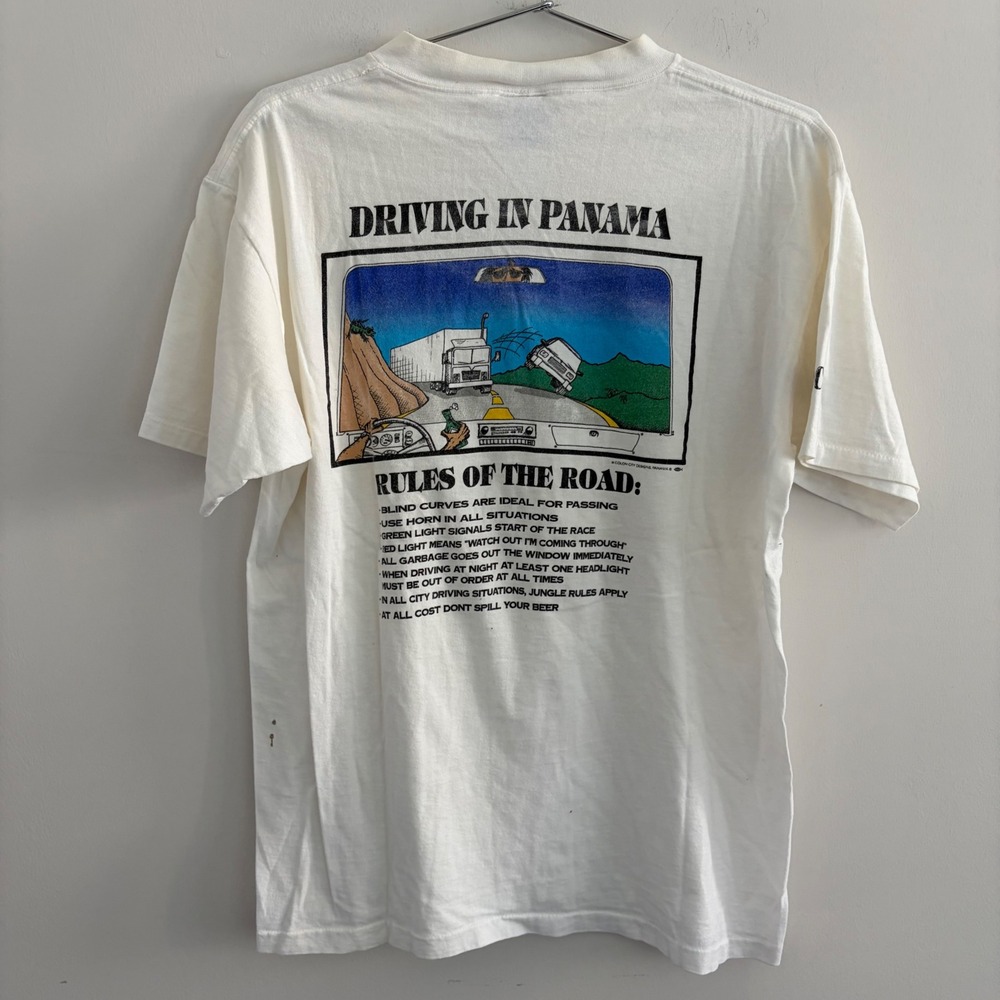 Vintage Oneita Power-T Driving In Panama City Rules Of The Road T-Shirt White